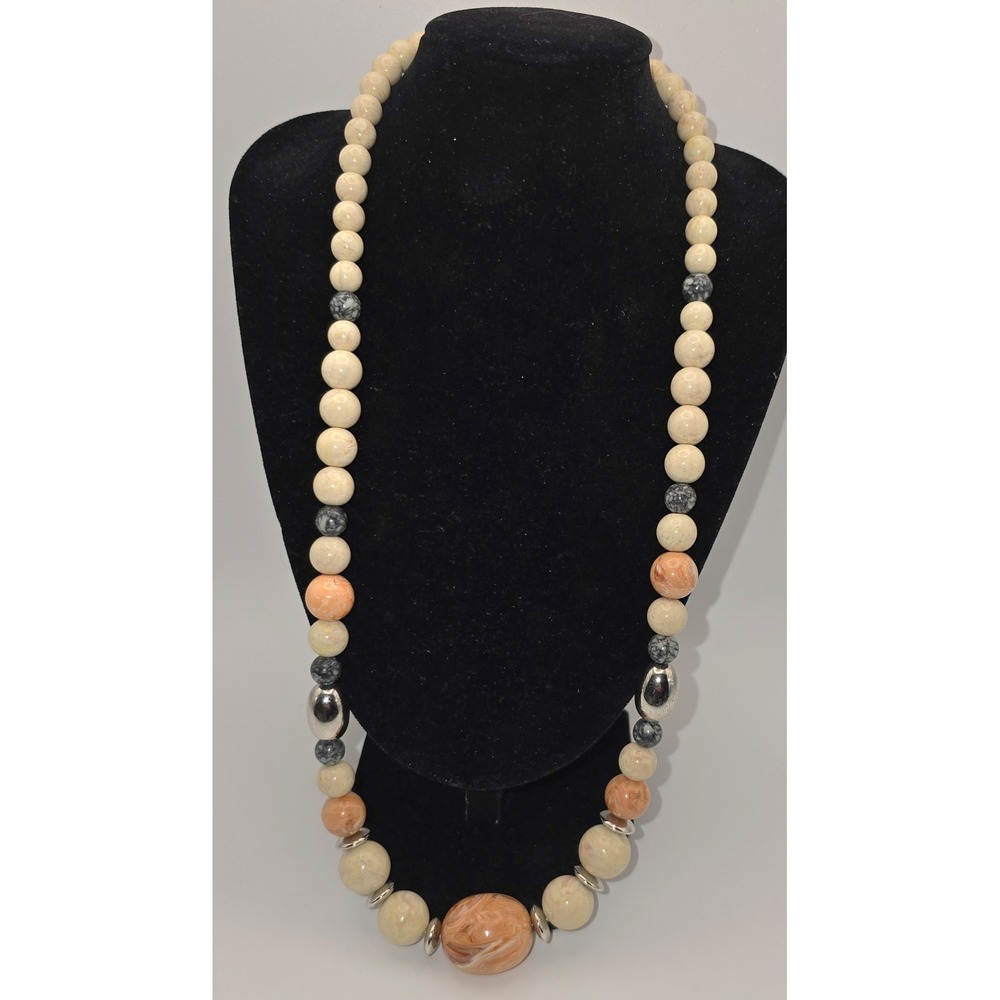 Vintage 1980s Cream Beige Orange Silver Necklace Screw Closure Statement -467‎